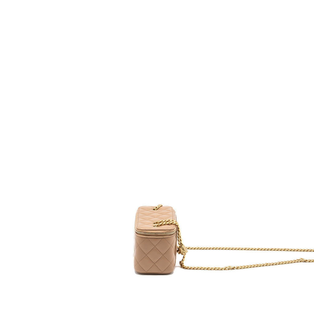 CHANEL GOLD PILLAR LONG VANITY CASE WITH ADJUSTABLE CHAIN LAMBSKIN DARK BEIGE GHW (MICROCHIP)