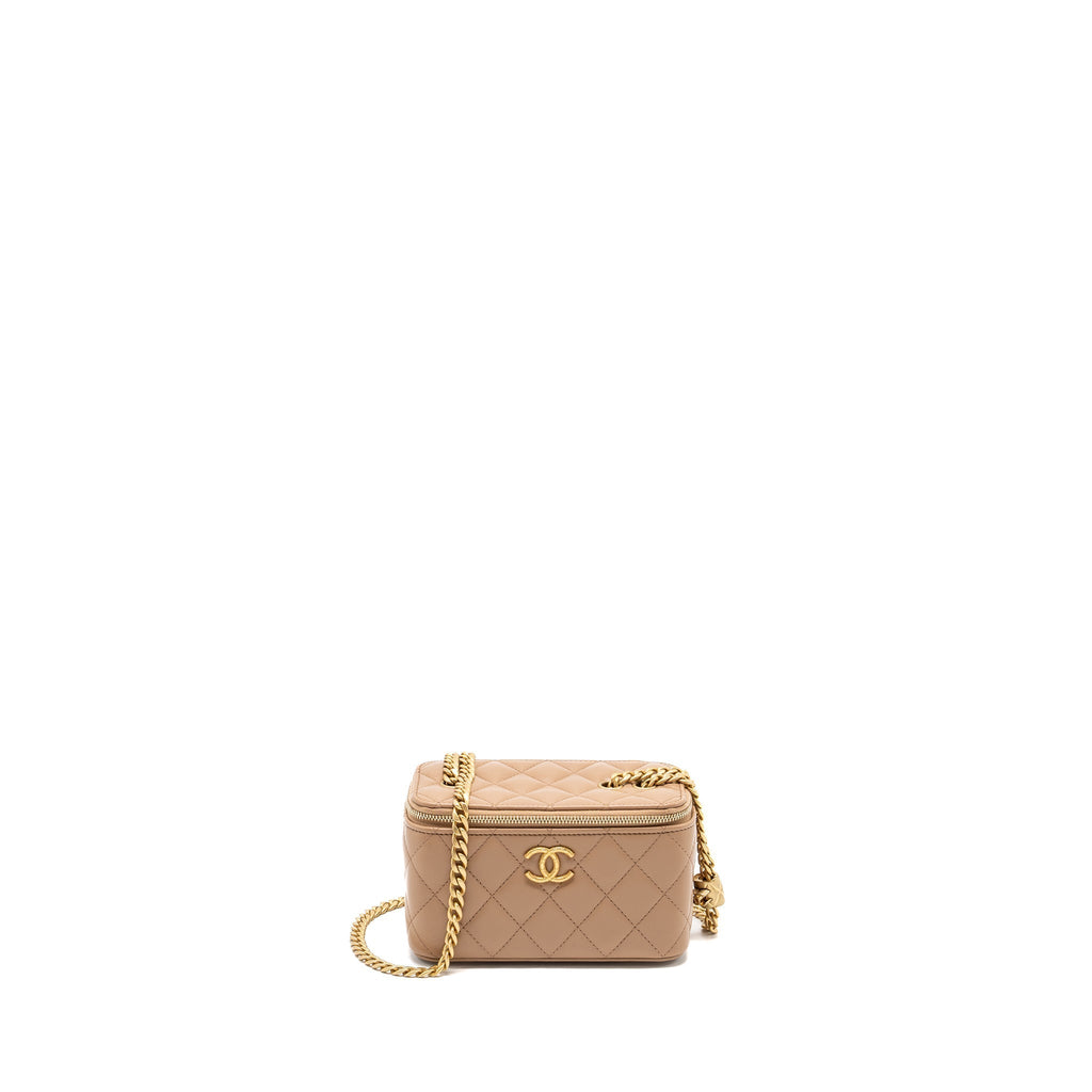 CHANEL GOLD PILLAR LONG VANITY CASE WITH ADJUSTABLE CHAIN LAMBSKIN DARK BEIGE GHW (MICROCHIP)