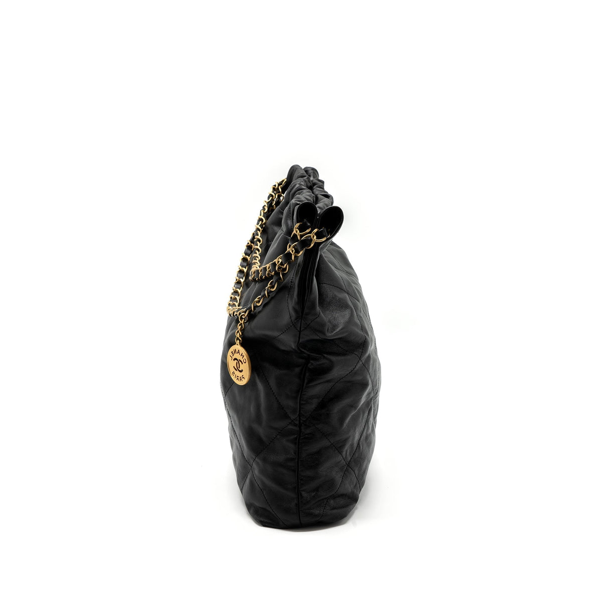 CHANEL MEDIUM 22 BAG SHINY CALFSKIN BLACK BRUSHED GHW(MICROCHIP)