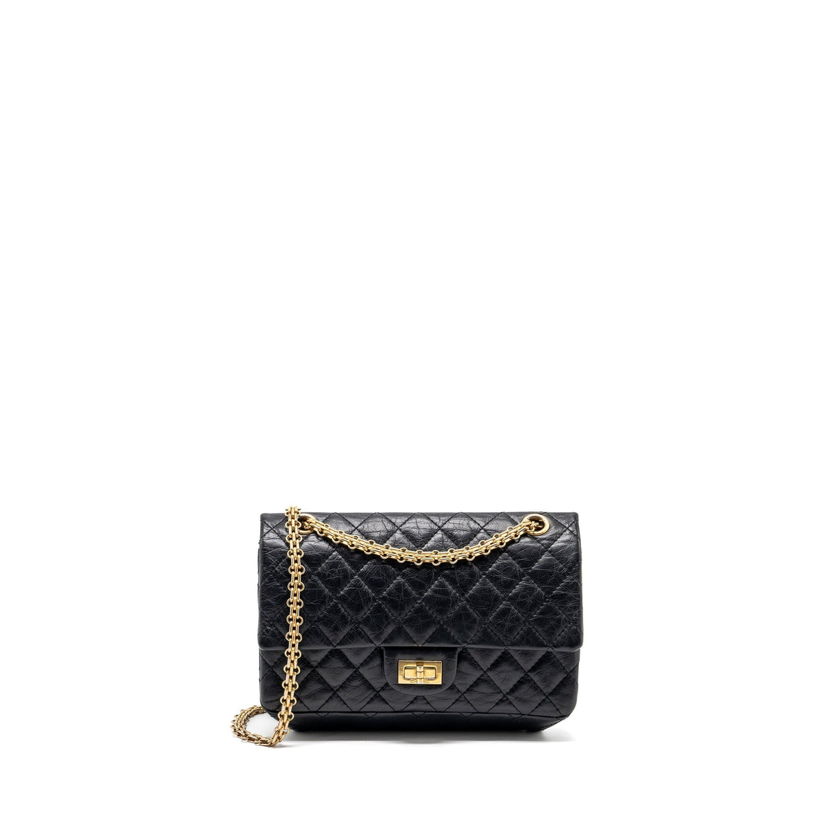 CHANEL SMALL 2.55 REISSUE DOUBLE FLAP BAG AGED CALFSKIN BLACK GHW