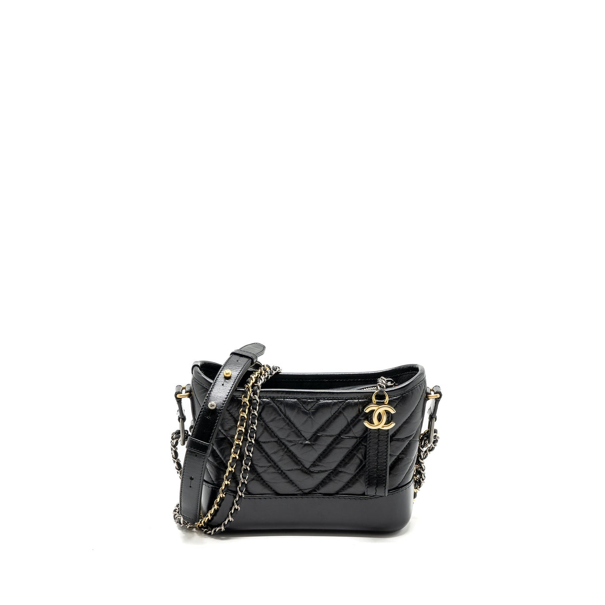 CHANEL SMALL GABRIELLE HOBO BAG CHEVRON AGED CALFSKIN BLACK MULTICOLOUR HARDWARE