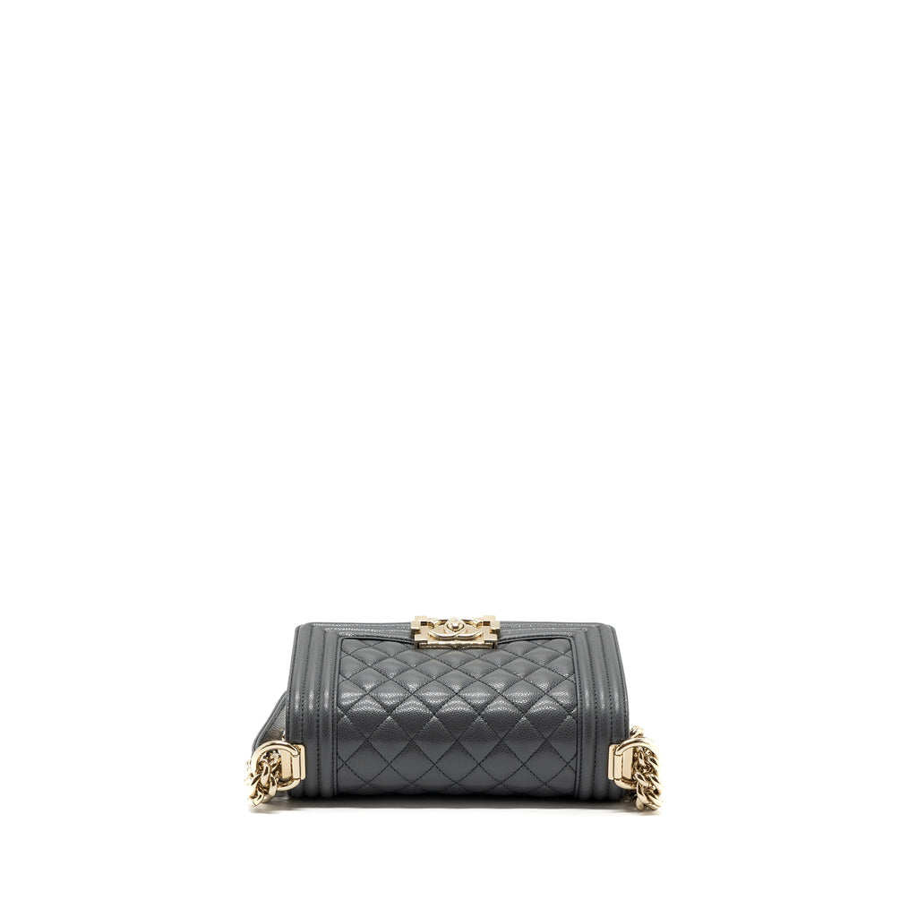 CHANEL SMALL BOY BAG CAVIAR GREY LGHW (MICROCHIP)