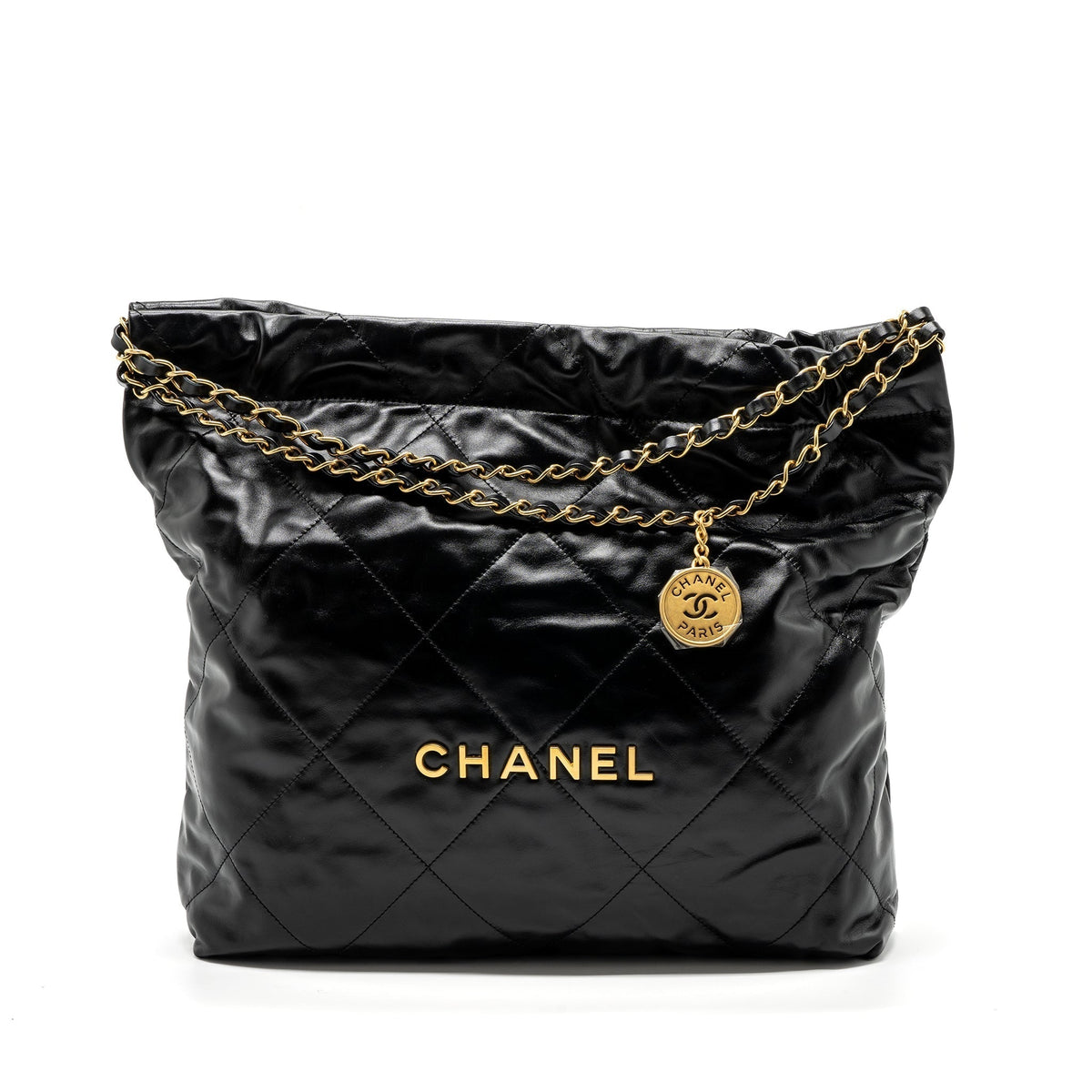 CHANEL MEDIUM 22 BAG SHINY CALFSKIN BLACK GHW (MICROCHIP)