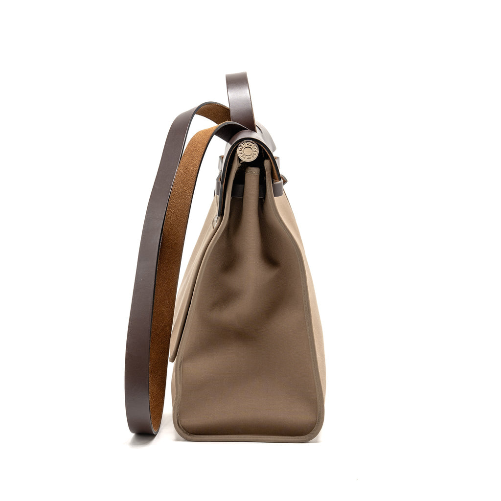 HERMES HERBAG ZIP 39 CANVAS/HUNTER LEATHER ETOUPE/EBENE SHW