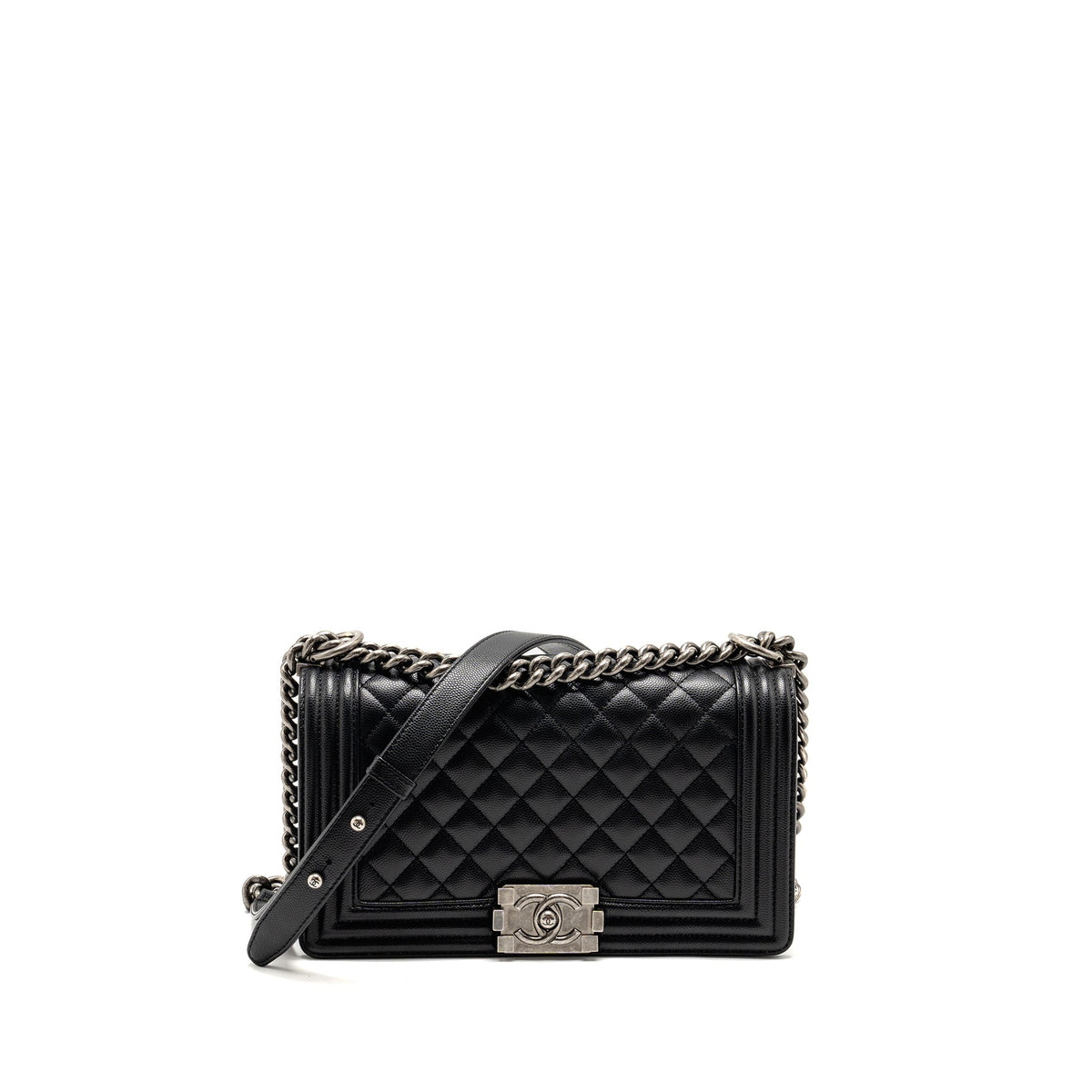 CHANEL MEDIUM BOY BAG CAVIAR BLACK SHW (MICROCHIP)