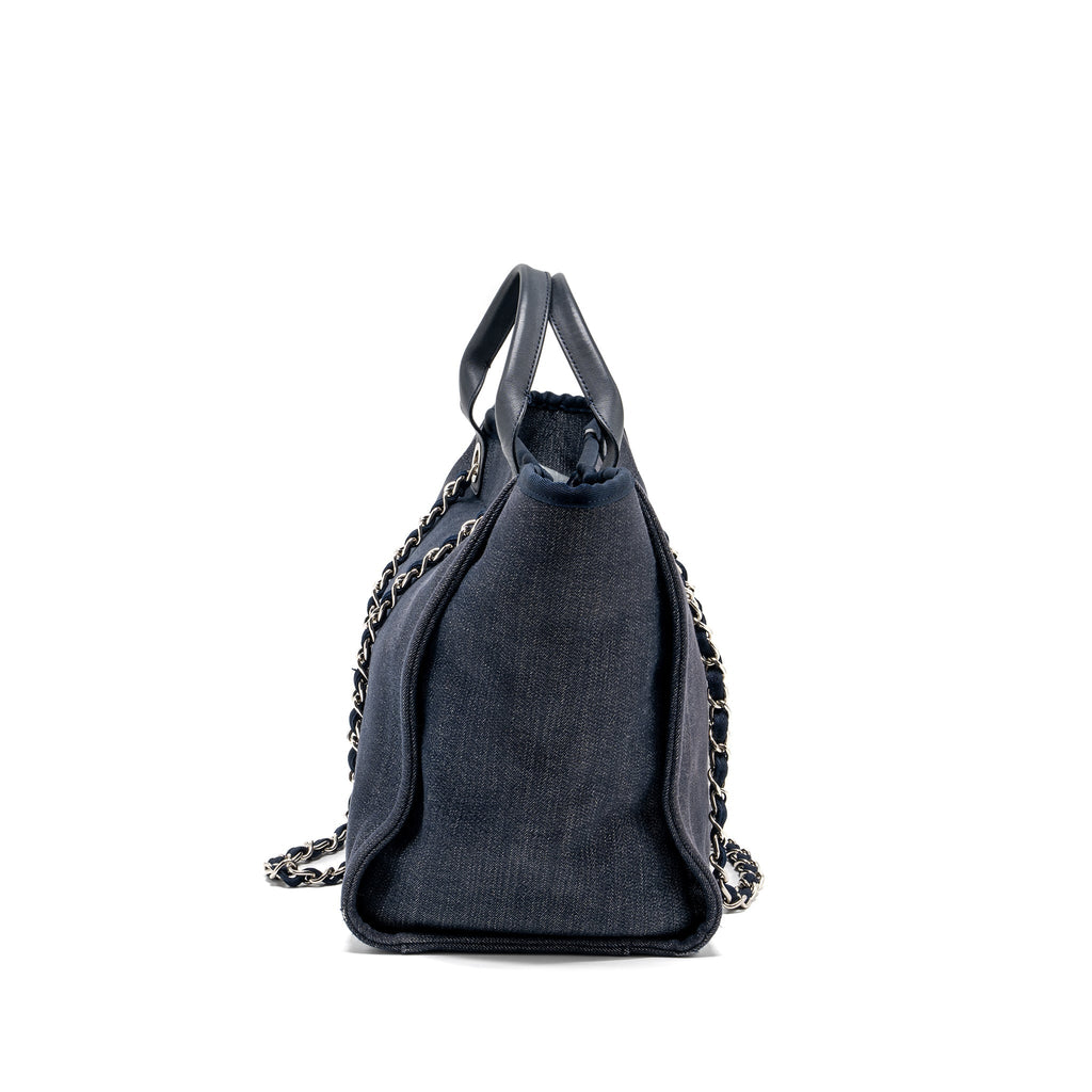 CHANEL DEAUVILLE TOTE BAG DENIM/CALFSKIN DARK BLUE SHW