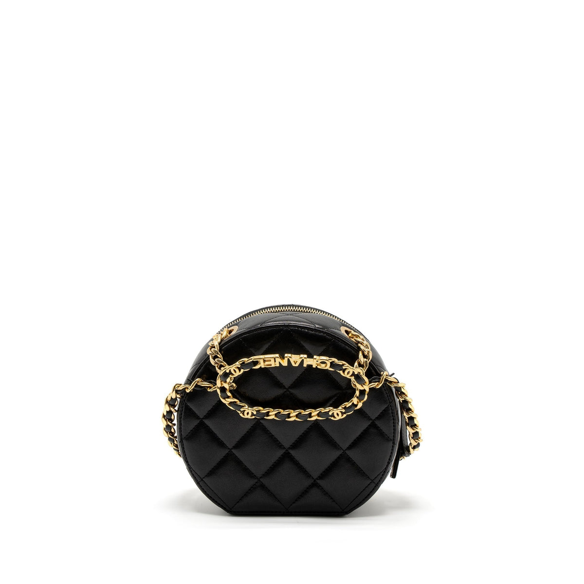 CHANEL ROUND VANITY WITH ROUND HANDLE CROSSBODY BAG LAMBSKIN BLACK GHW (MICROCHIP)