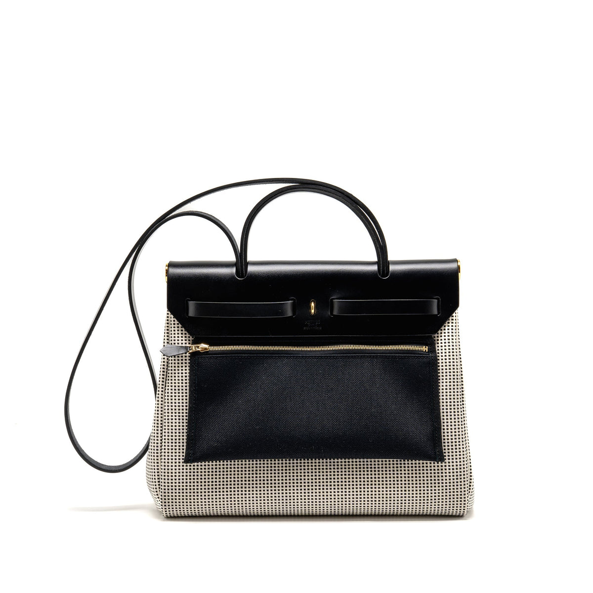 HERMES HERBAG 31 ZIP BAG QUADRILLE VIKING CANVAS/HUNTER LEATHER ECRU-BLANC/BLACK GHW