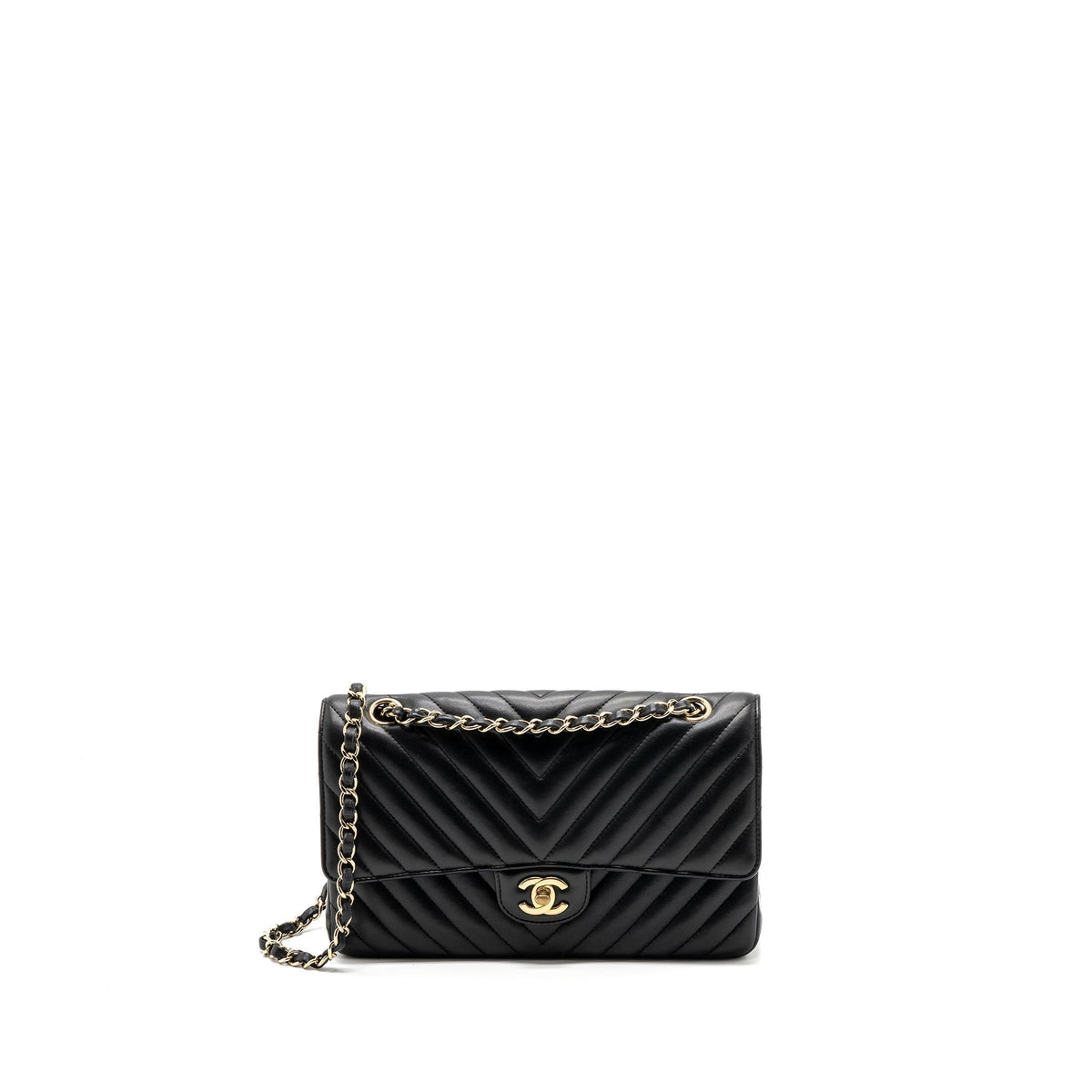 CHANEL MEDIUM CLASSIC DOUBLE FLAP BAG LAMBSKIN CHEVRON BLACK LGHW