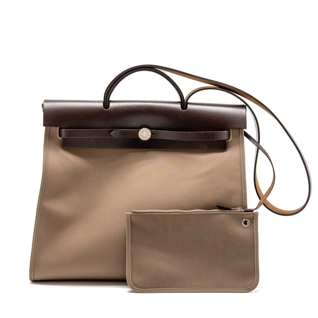 HERMES HERBAG ZIP 39 CANVAS/HUNTER LEATHER ETOUPE/EBENE SHW
