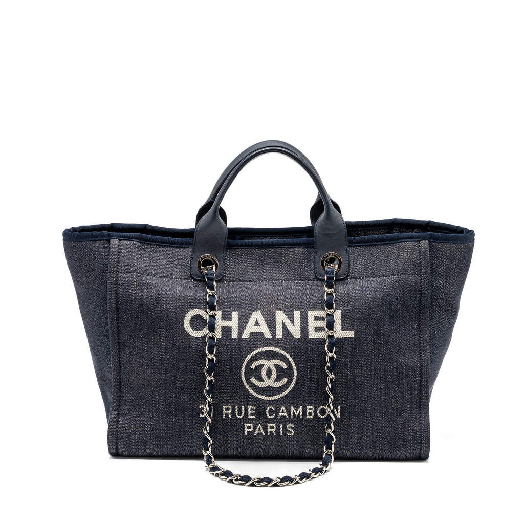 CHANEL DEAUVILLE TOTE BAG DENIM/CALFSKIN DARK BLUE SHW