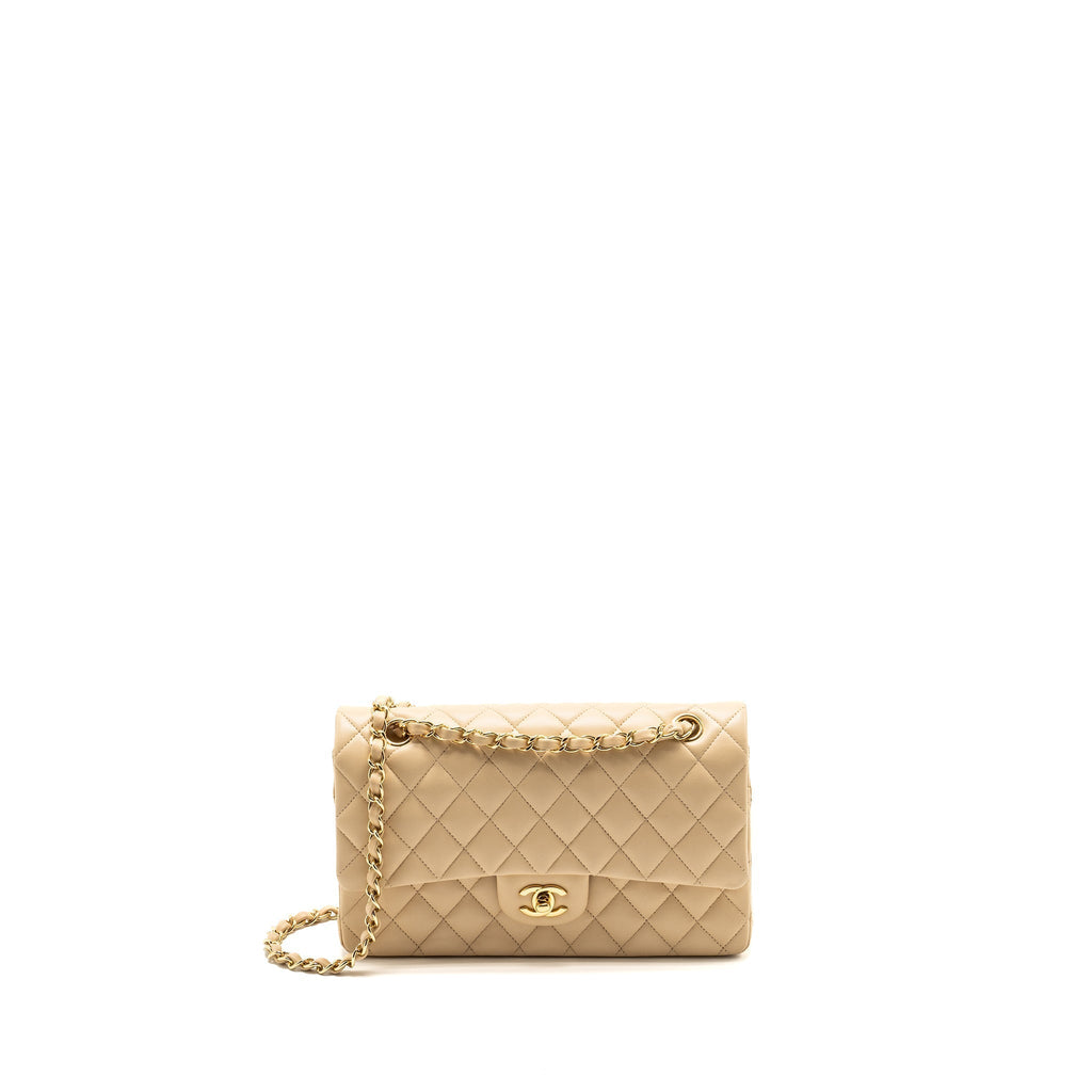 CHANEL MEDIUM CLASSIC DOUBLE FLAT BAG LAMBSKIN BEIGE GHW