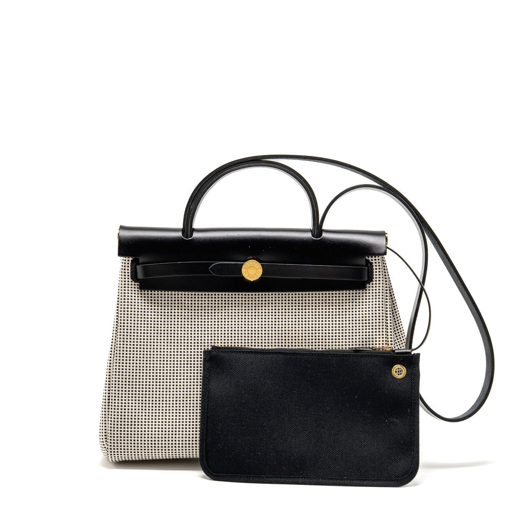HERMES HERBAG 31 ZIP BAG QUADRILLE VIKING CANVAS/HUNTER LEATHER ECRU-BLANC/BLACK GHW