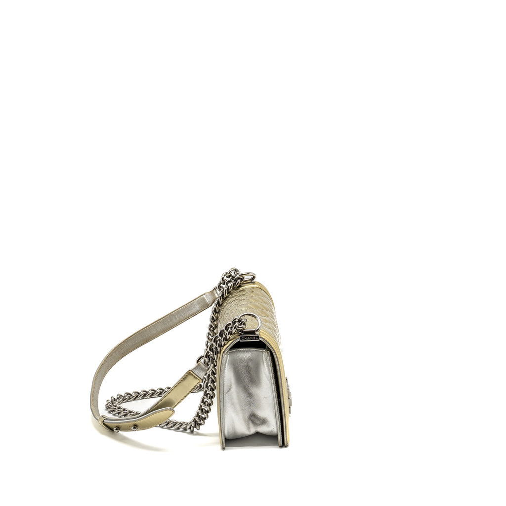 CHANEL MEDIUM BOY BAG PATENT LIGHT GOLD / SILVER SHW