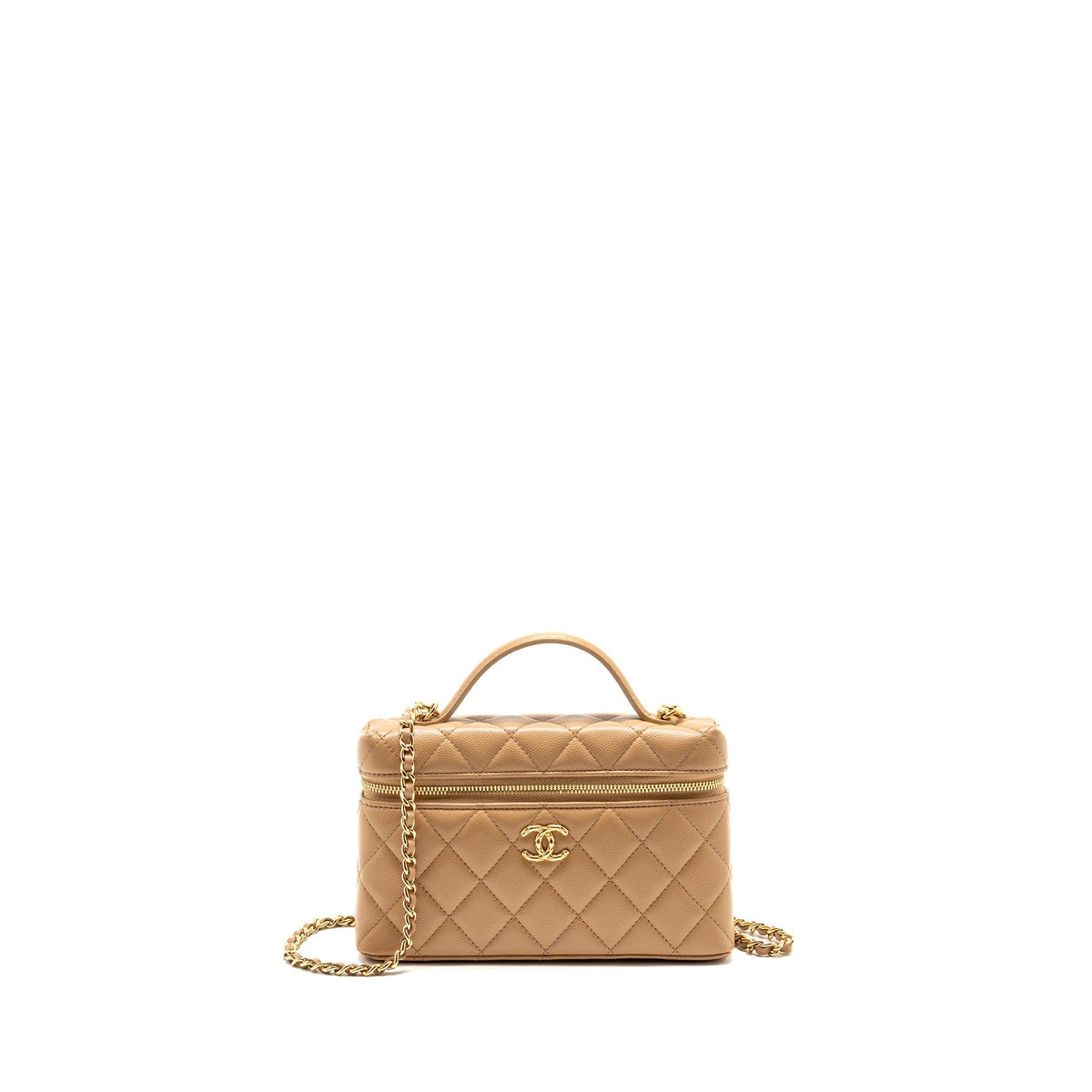 Chanel top handle vanity clutch with chain caviar beige LGHW (microchip)