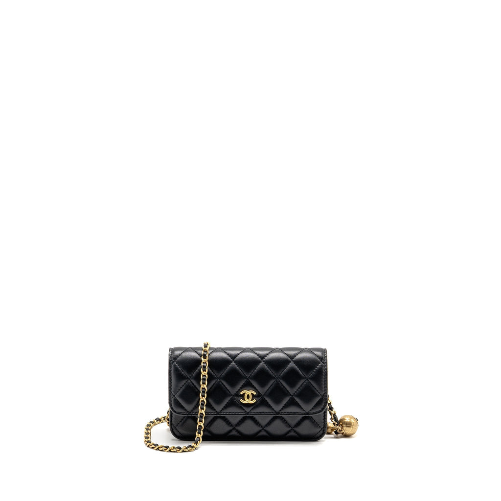 CHANEL PEARL CRUSH MINI FLAP WALLET ON CHAIN LAMBSKIN BLACK GHW (MICROCHIP)