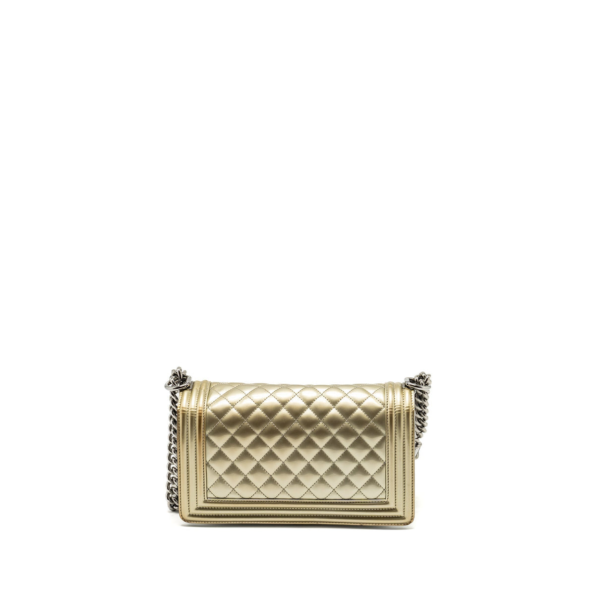 CHANEL MEDIUM BOY BAG PATENT LIGHT GOLD / SILVER SHW