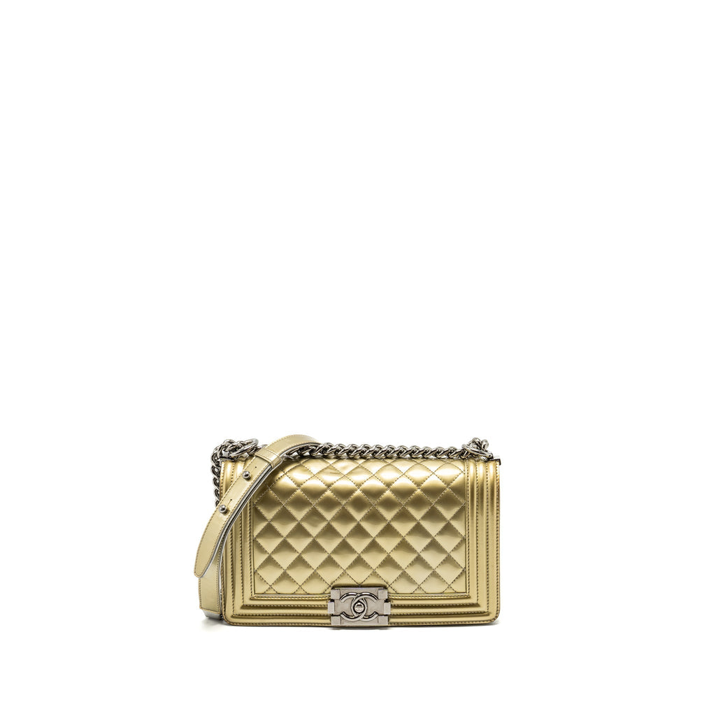 CHANEL MEDIUM BOY BAG PATENT LIGHT GOLD / SILVER SHW