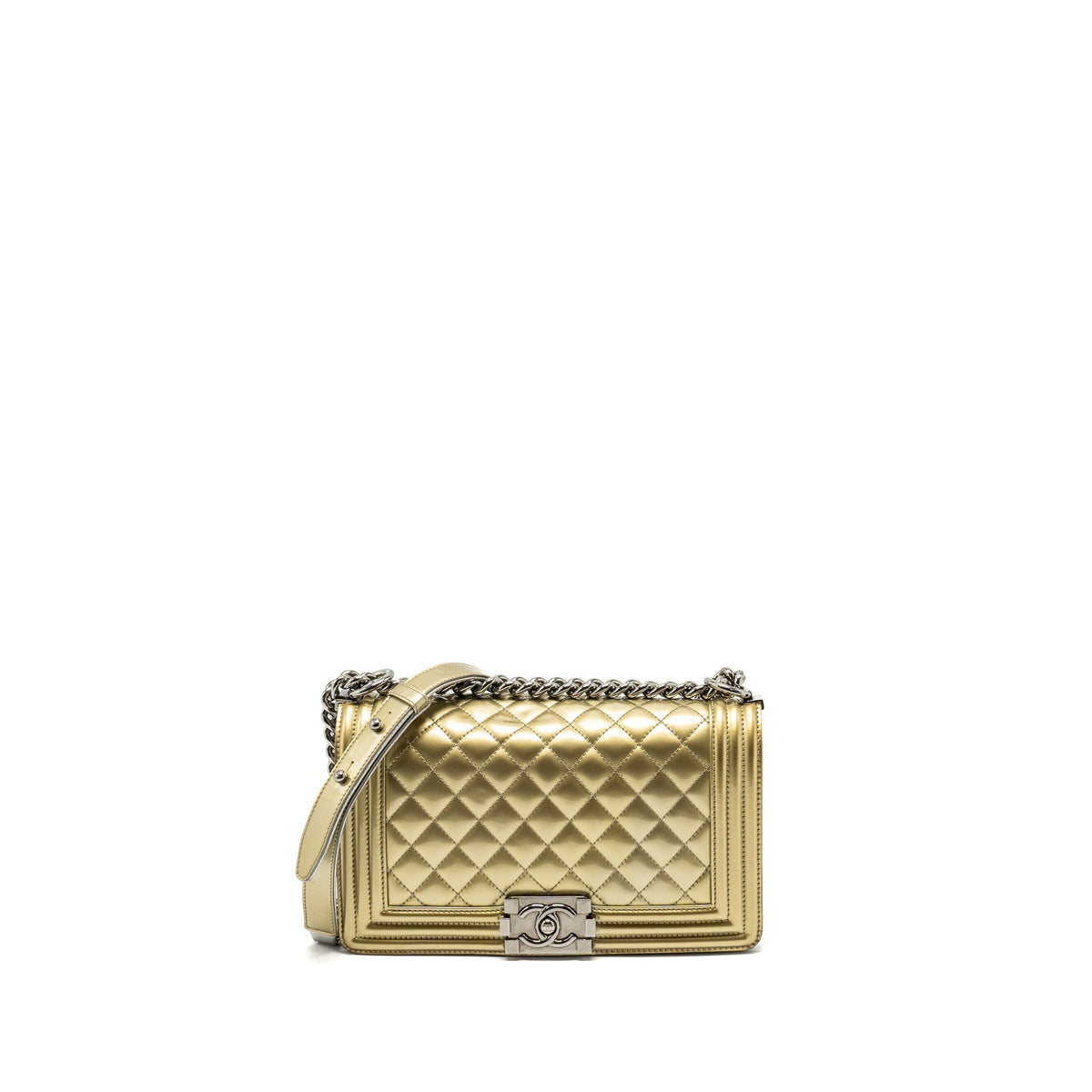 CHANEL MEDIUM BOY BAG PATENT LIGHT GOLD / SILVER SHW