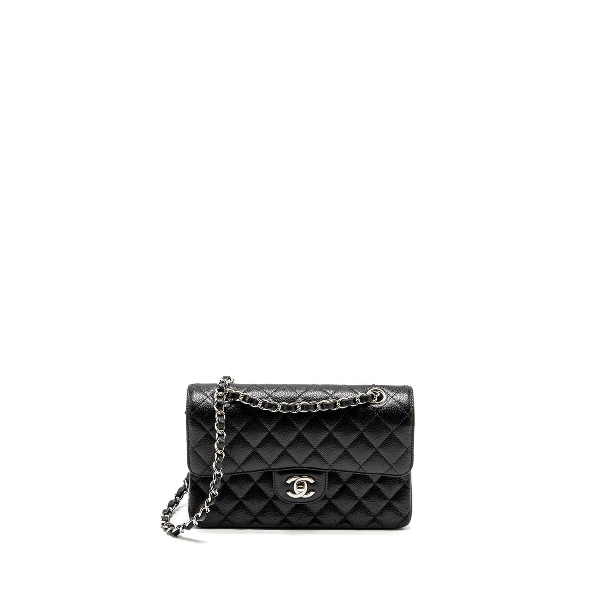 CHANEL SMALL CLASSIC DOUBLE FLAP BAG CAVIAR BLACK SHW (MICROCHIP)