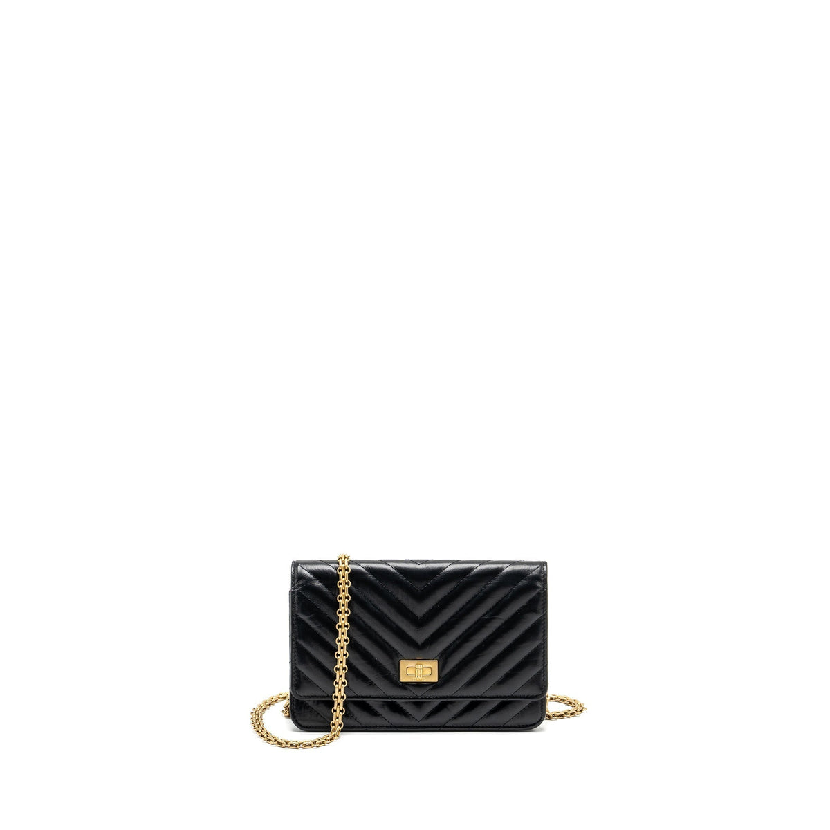 CHANEL CHEVRON 2.55 REISSUE WALLET ON CHAIN AGED CALFSKIN BLACK GHW (MICROCHIP)
