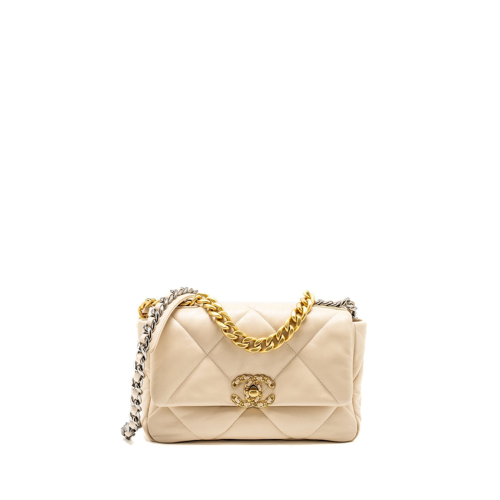 CHANEL SMALL 19 BAG SHINY GOATSKIN LIGHT BEIGE MULTICOLOUR HARDWARE