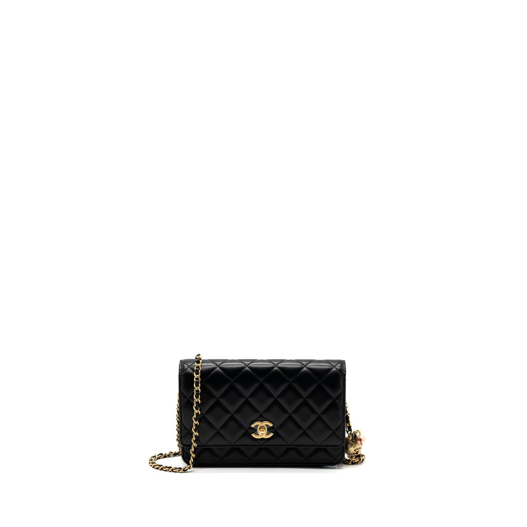 CHANEL PEARL CRUSH WALLET ON CHAIN LAMBSKIN BLACK GHW (MICROCHIP)