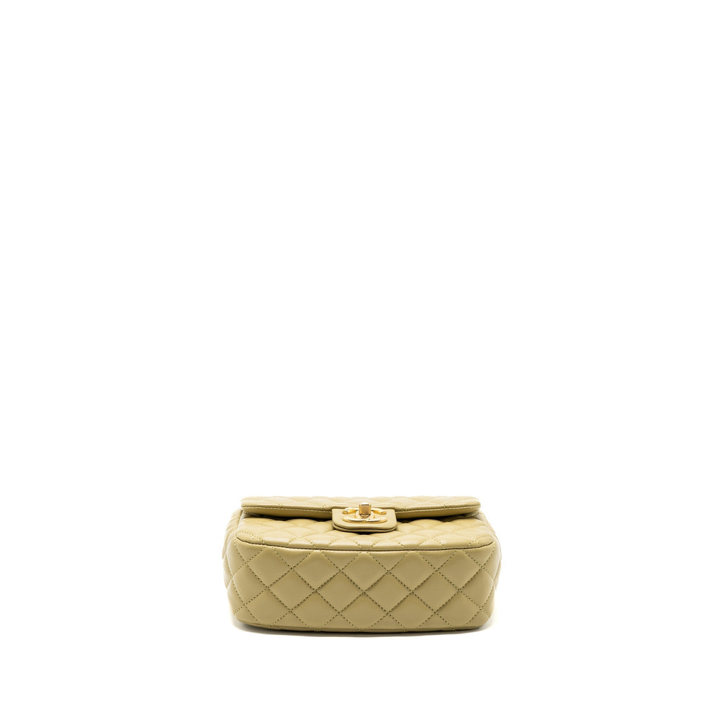 CHANEL QUILTED FLAP BAG WITH COCO LOVE CHAIN LAMBSKIN KHAKI GREEN GHW(MICROCHIP)