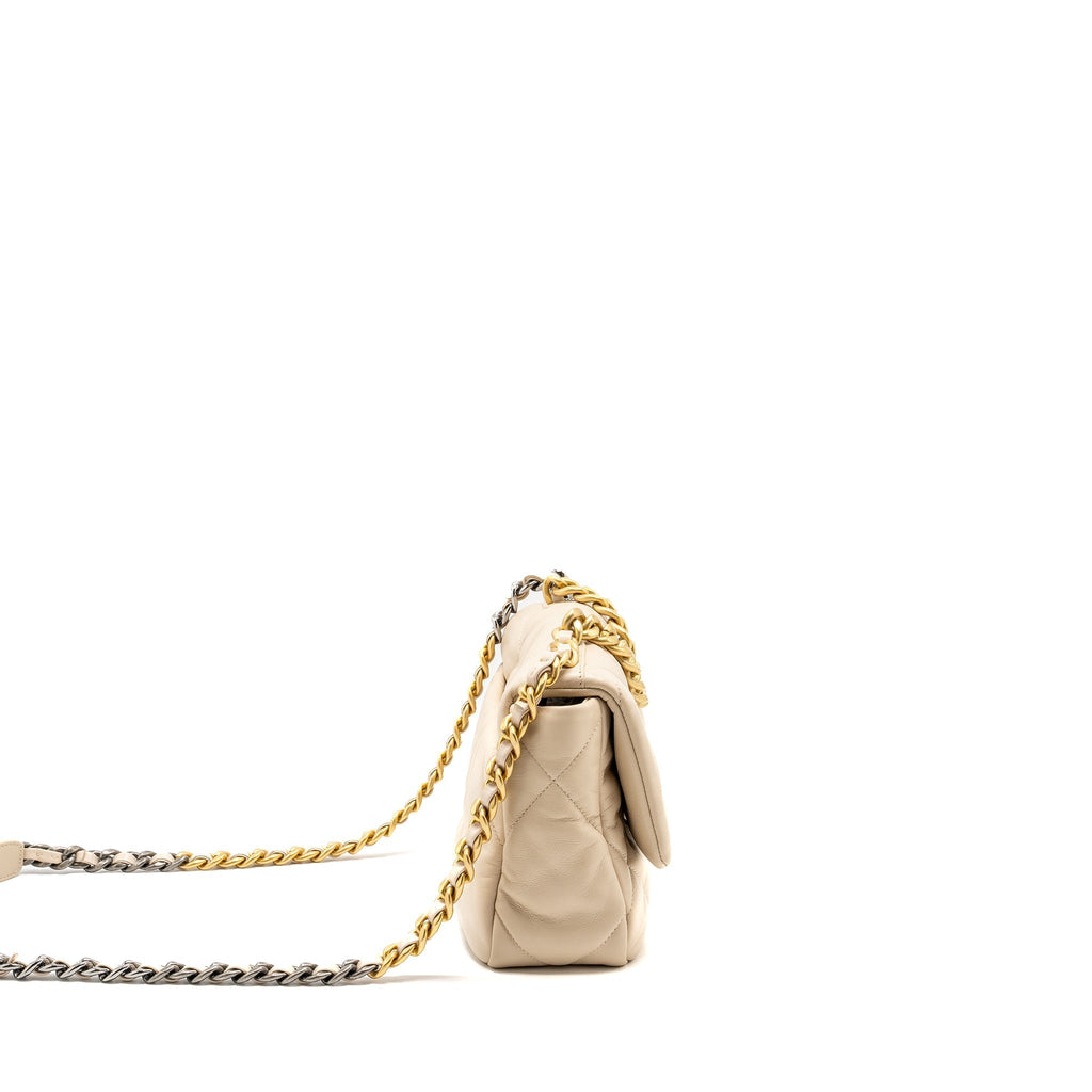CHANEL SMALL 19 BAG SHINY GOATSKIN LIGHT BEIGE MULTICOLOUR HARDWARE