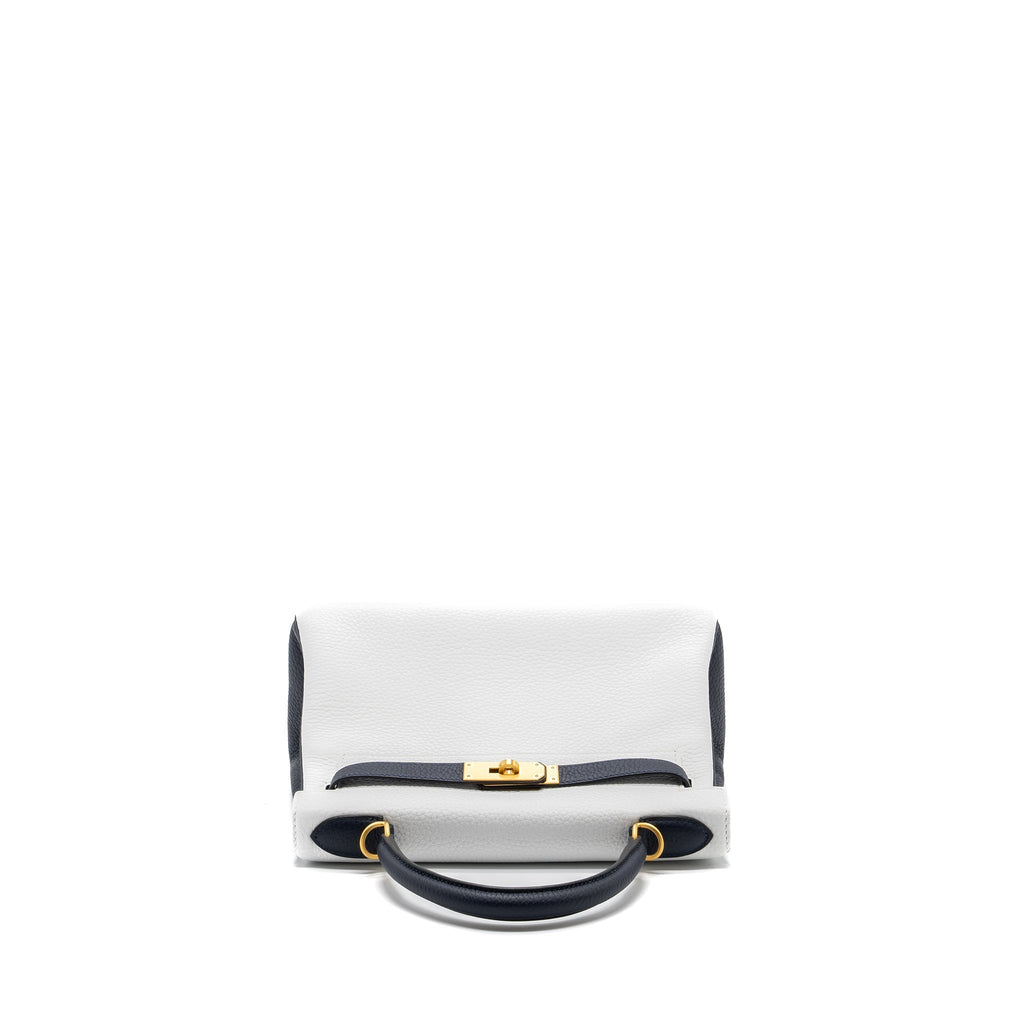 HERMES KELLY 28 SPECIAL ORDER CLEMENCE LEATHER BLANC / BLUE NUIT BRUSHED GHW