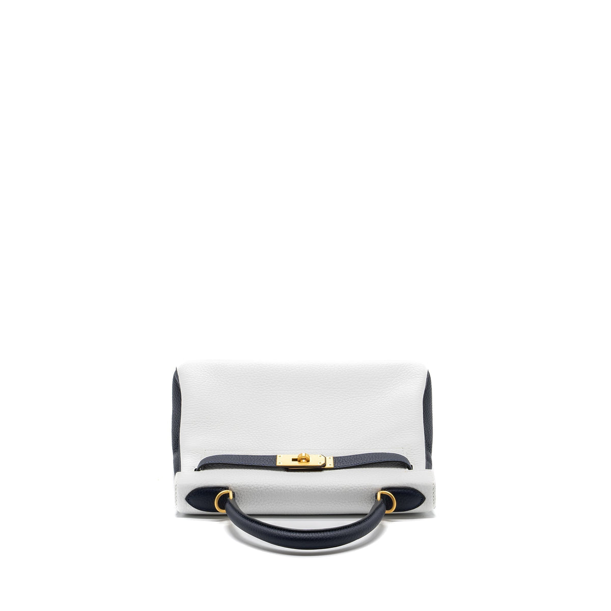 HERMES KELLY 28 SPECIAL ORDER CLEMENCE LEATHER BLANC / BLUE NUIT BRUSHED GHW