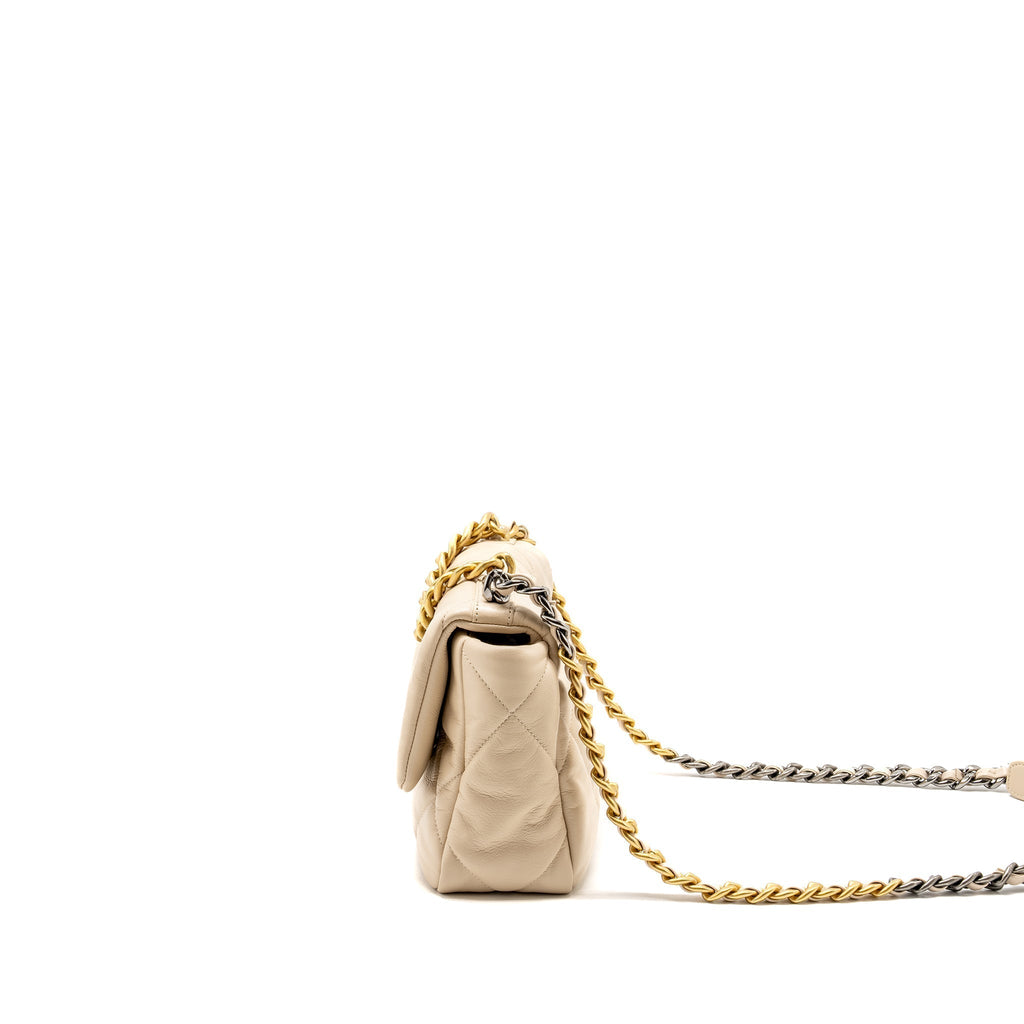 CHANEL SMALL 19 BAG SHINY GOATSKIN LIGHT BEIGE MULTICOLOUR HARDWARE
