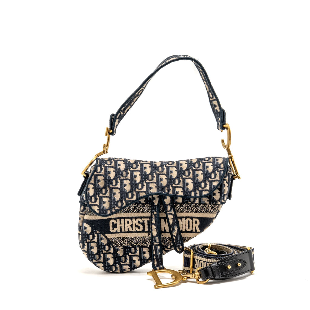 DIOR MEDIUM SADDLE BAG OBLIQUE EMBROIDERY CANVAS BLUE GHW