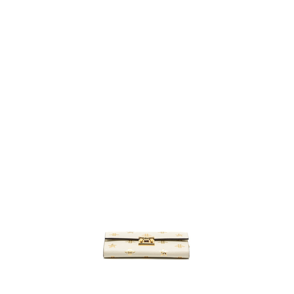 GUCCI MINI PADLOCK POUCH WITH CHAIN WITH BEE PRINTED CALFSKIN WHITE/GOLD GHW