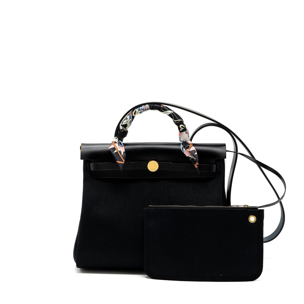 HERMES HERBAG 31 ZIP BAG CANVAS / HUNTER LEATHER BLACK GHW