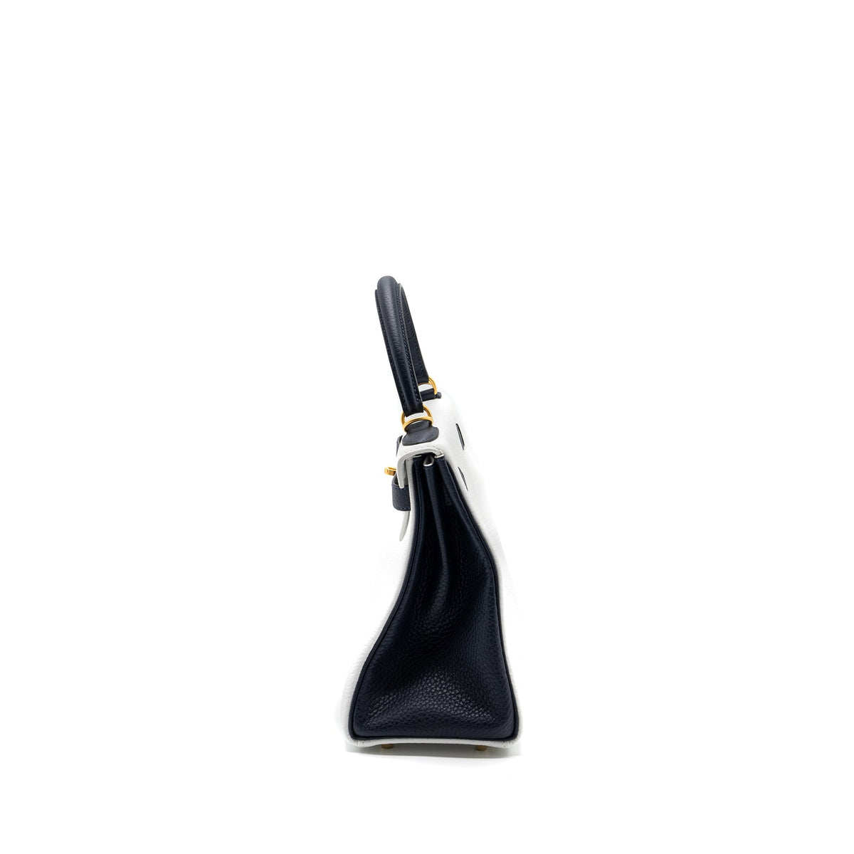 HERMES KELLY 28 SPECIAL ORDER CLEMENCE LEATHER BLANC / BLUE NUIT BRUSHED GHW