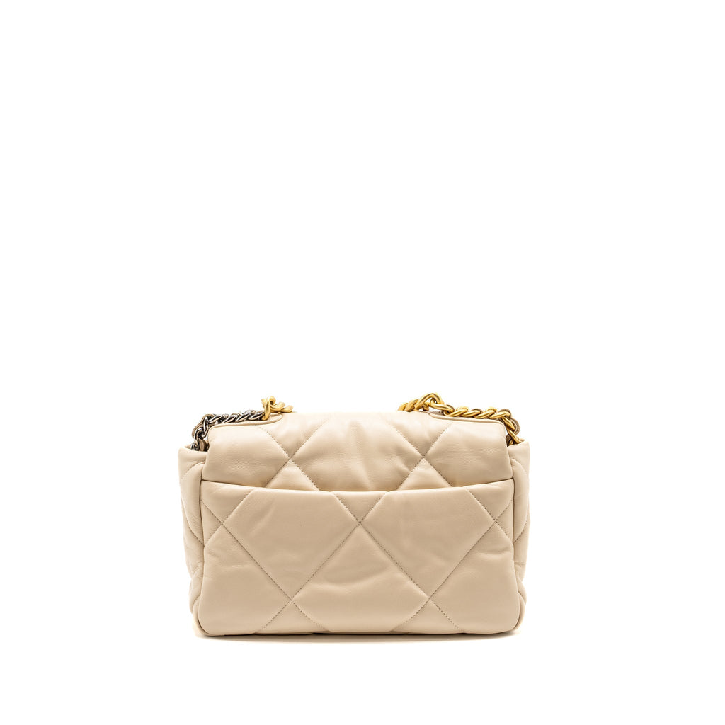 CHANEL SMALL 19 BAG SHINY GOATSKIN LIGHT BEIGE MULTICOLOUR HARDWARE