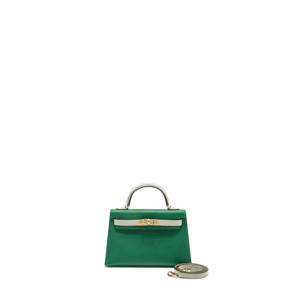 Hermes Mini kelly special order chèvre Mysore Vert vertigo/Gris Perle LGHW