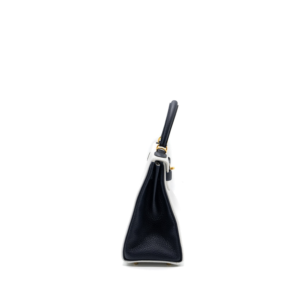 HERMES KELLY 28 SPECIAL ORDER CLEMENCE LEATHER BLANC / BLUE NUIT BRUSHED GHW