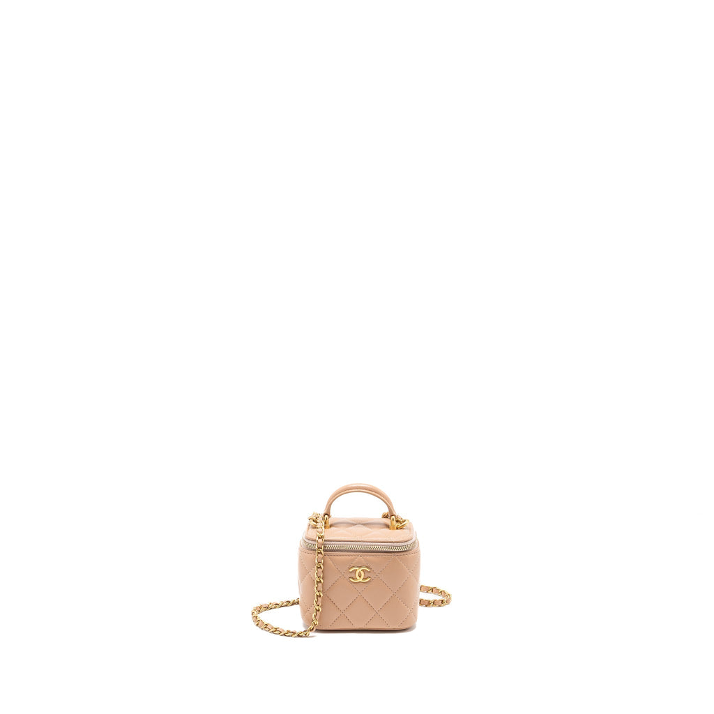 CHANEL TOP HANDLE MINI VANITY CASE WITH CHAIN LAMBSKIN BEIGE BRUSHED GHW