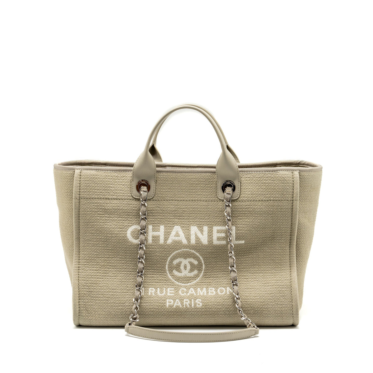 CHANEL DEAUVILLE TOTE BAG CANVAS BEIGE SHW (MICROCHIP)