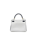 HERMES KELLY 28 SPECIAL ORDER CLEMENCE LEATHER BLANC / BLUE NUIT BRUSHED GHW