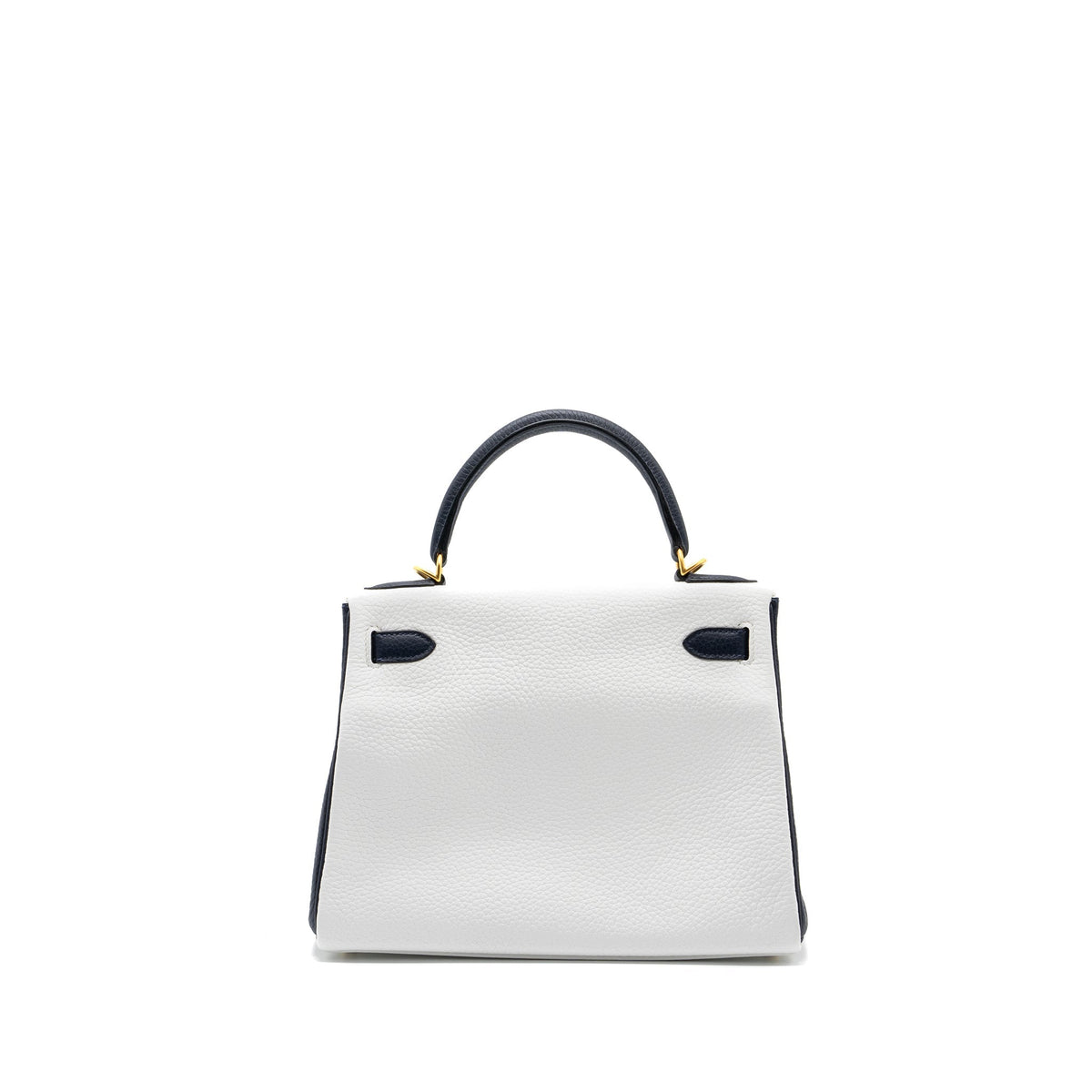 HERMES KELLY 28 SPECIAL ORDER CLEMENCE LEATHER BLANC / BLUE NUIT BRUSHED GHW