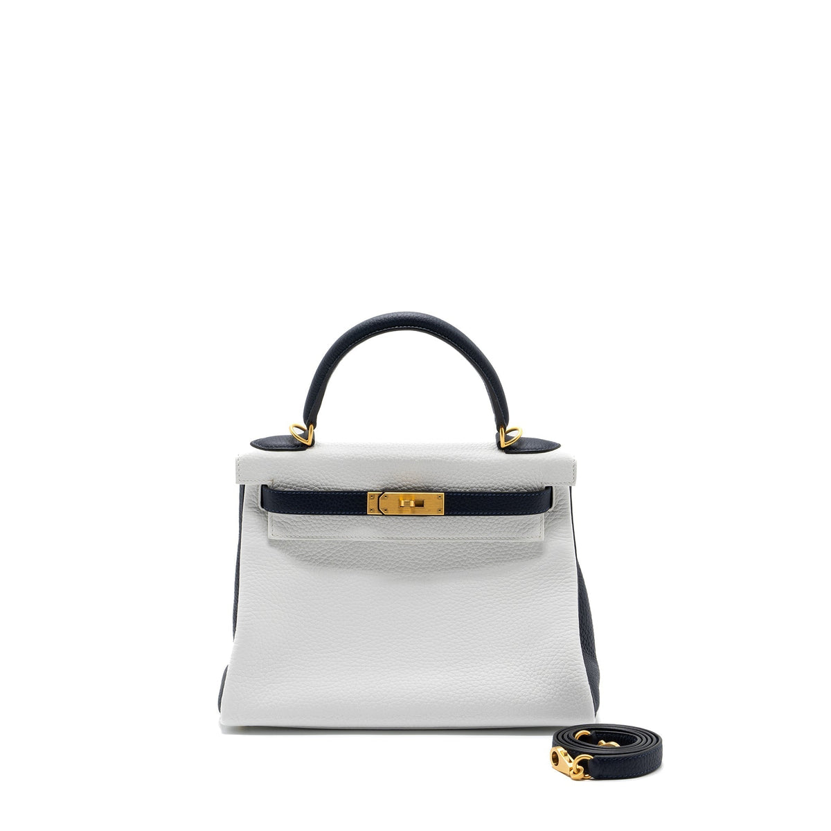 HERMES KELLY 28 SPECIAL ORDER CLEMENCE LEATHER BLANC / BLUE NUIT BRUSHED GHW