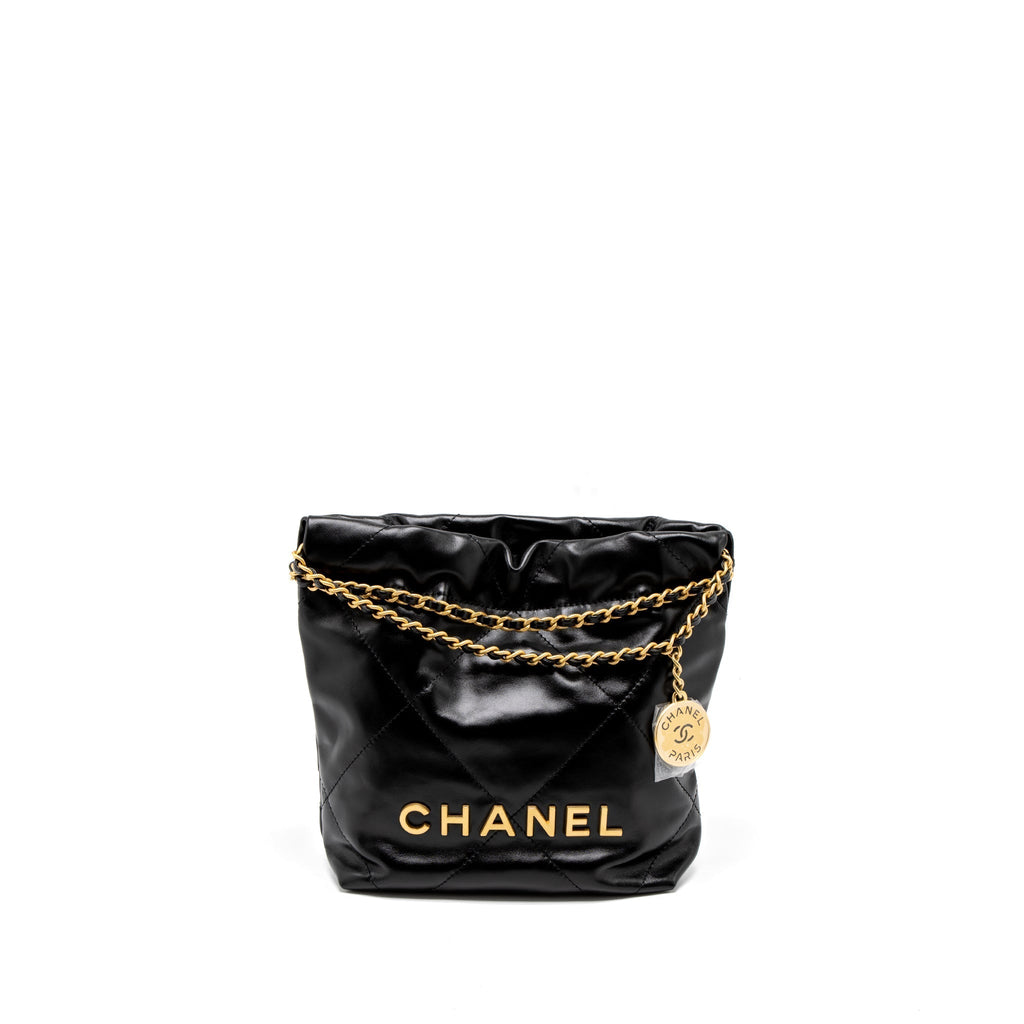 CHANEL 23S MINI 22 BAG SHINY CALFSKIN BLACK BRUSHED GHW (MICROCHIP)