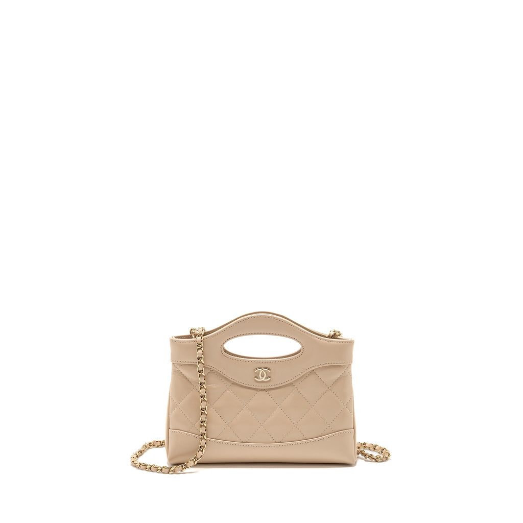 CHANEL MINI 31 CLUTCH WITH CHAIN SHINY LAMBSKIN LIGHT BEIGE LGHW ( MICROCHIP)