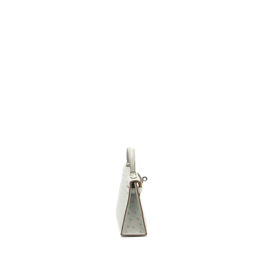 Hermes Mini Kelly II Special Order Ostrich Gris Perle/Jaune Amber SHW
