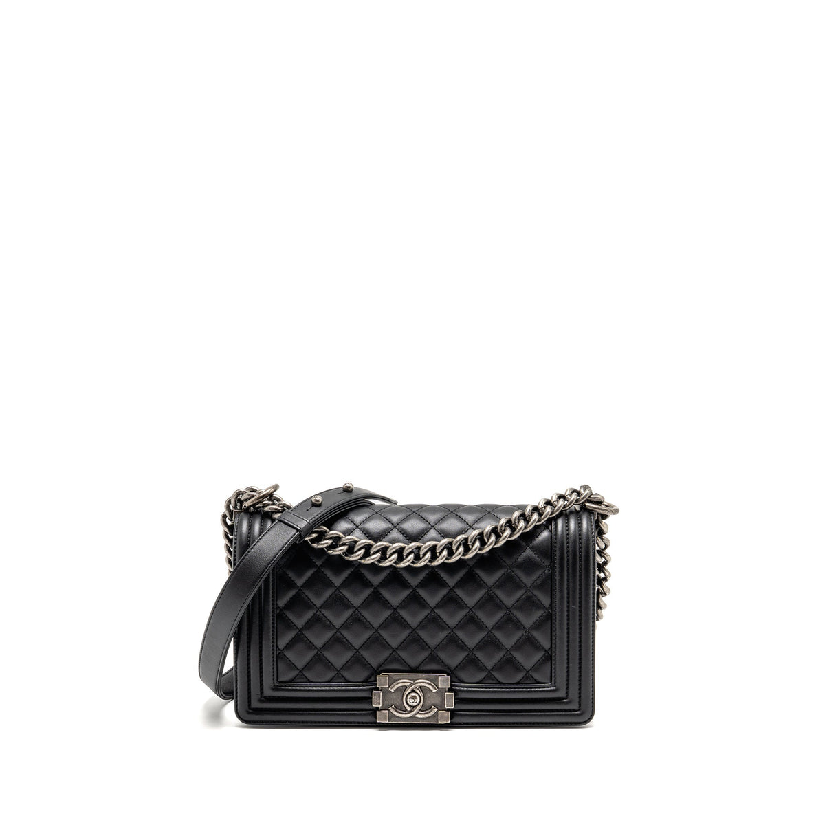 CHANEL MEDIUM BOY BAG CALFSKIN BLACK RUTHENIUM SHW