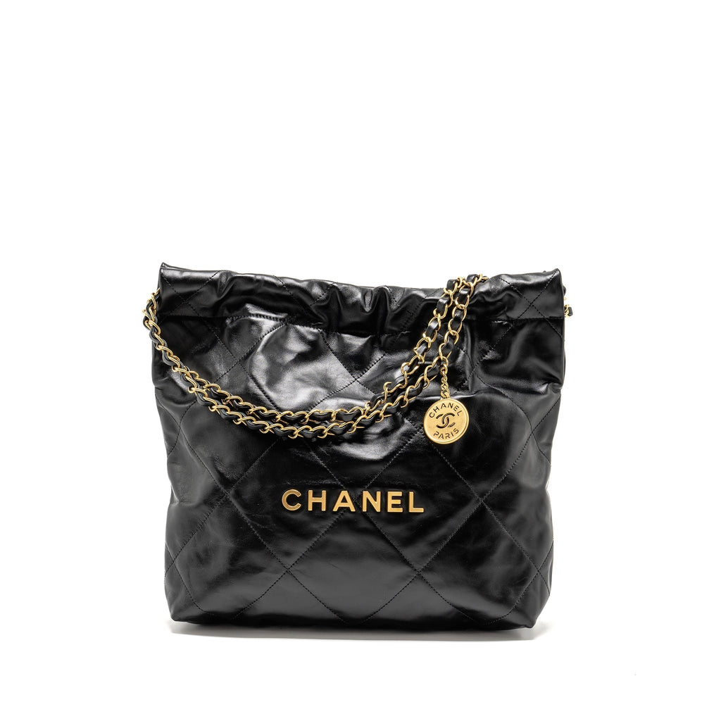 CHANEL SMALL 22 BAG SHINY CALFSKIN BLACK GHW (MICROCHIP)
