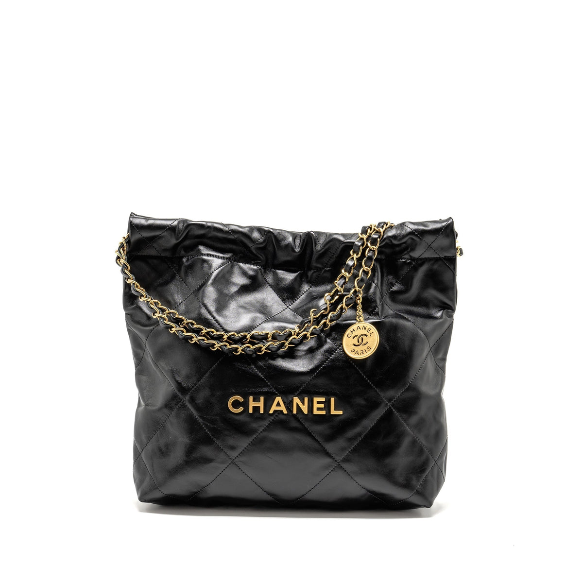 CHANEL SMALL 22 BAG SHINY CALFSKIN BLACK GHW (MICROCHIP)